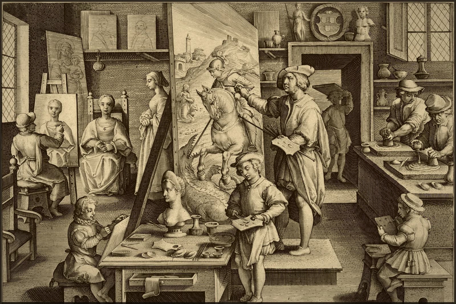 A gilt-toned engraving of a Renaissance painter's workshop: a master paints from a   model while apprentices grind pigment and copy from sculpture — used here as an image   of Answerline's mechanics, where every clue comes from real material.